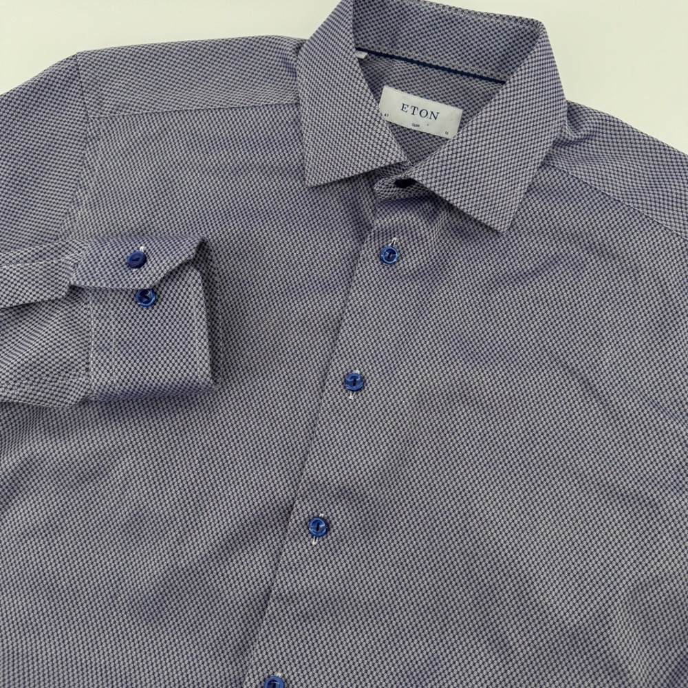 Eton Button Down Shirt Mens 16 Blue White Dobby Geometric Slim Fit Long Sleeve